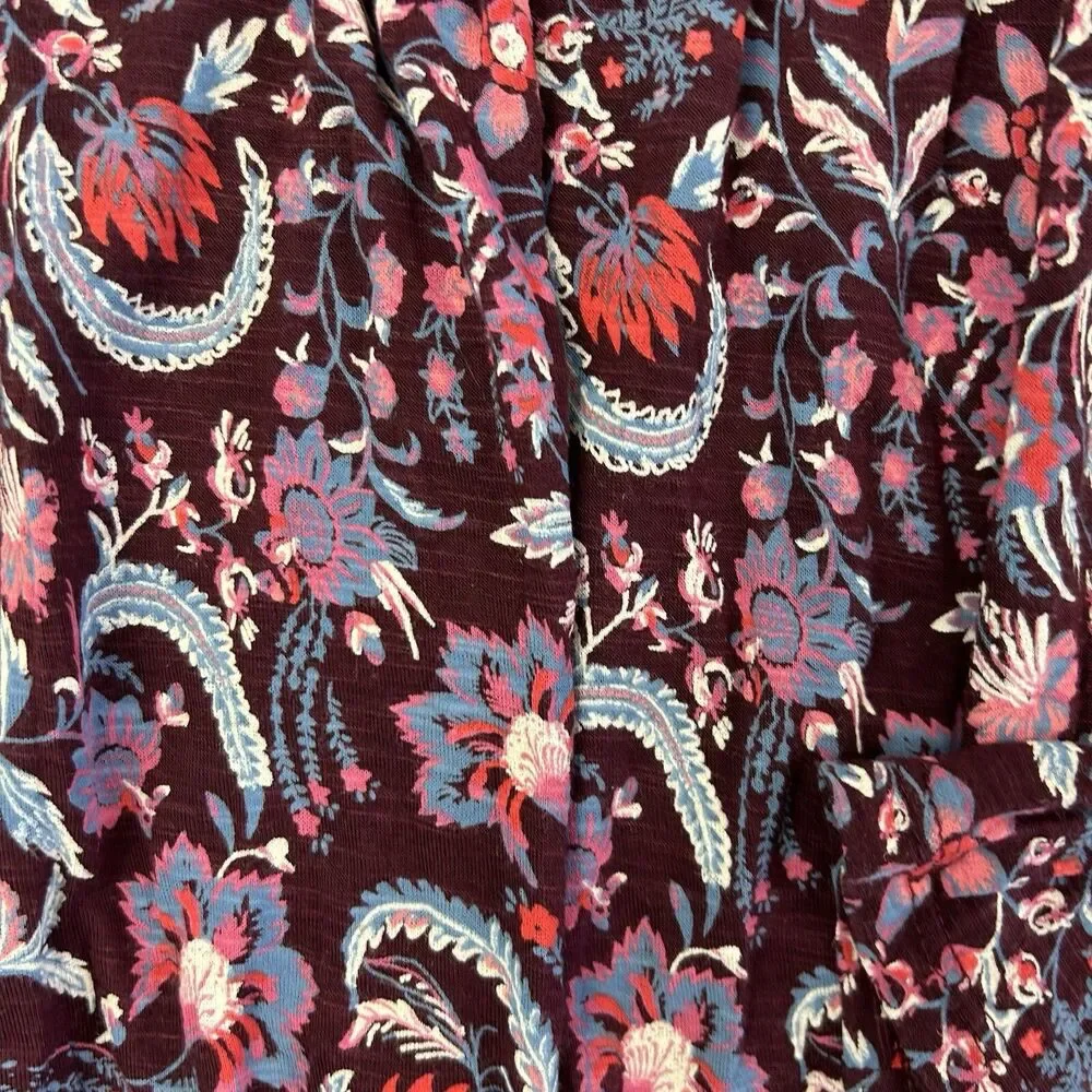 Lucky Brand Paisley Floral Smocked Top Women Medium Burgundy 3/4 Sleeve